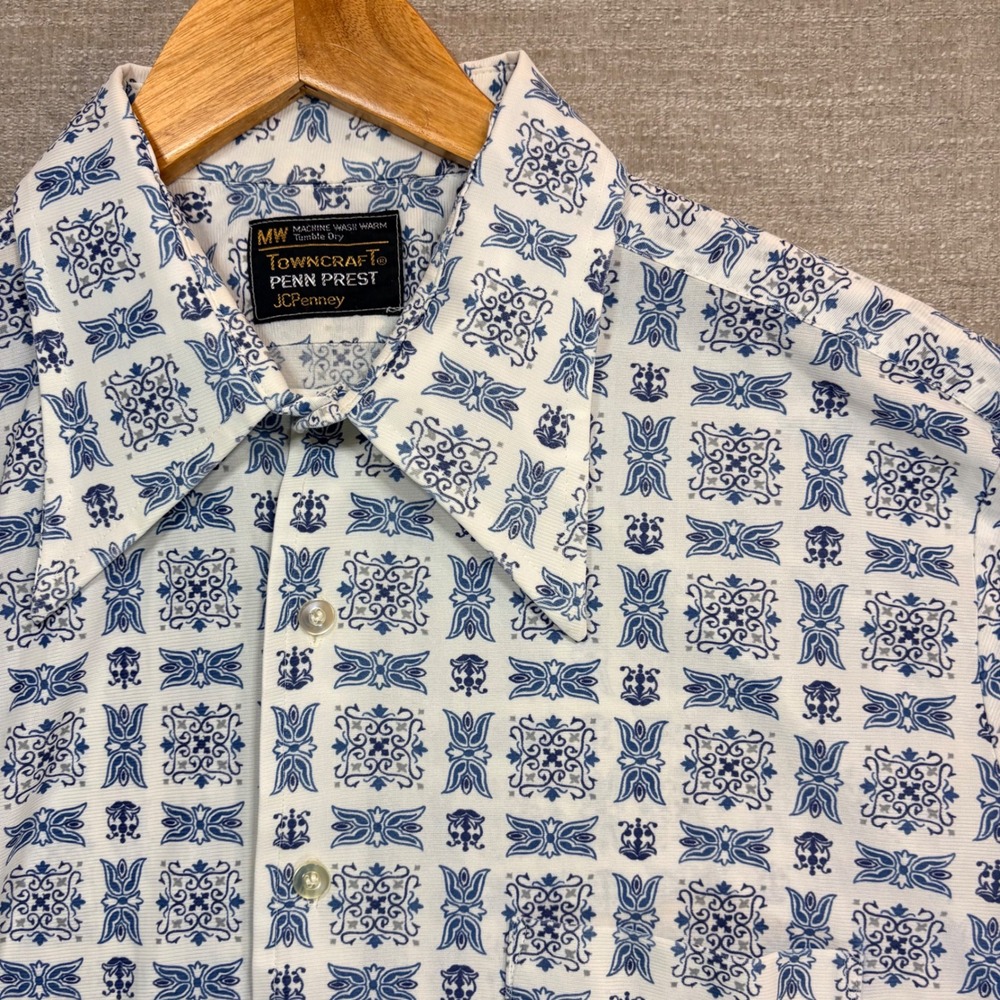 Vintage 70s Towncraft Penn Prest JCPenney Blue Geometric Medallion Shirt Mens XL